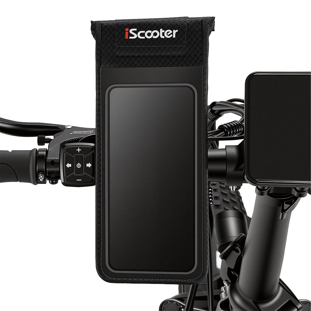 Frontal view of a black iScooter phone mount pouch with a touch-screen clear cover mounted on electric scooter handlebars, displayed alongside control buttons and a phone display screen.