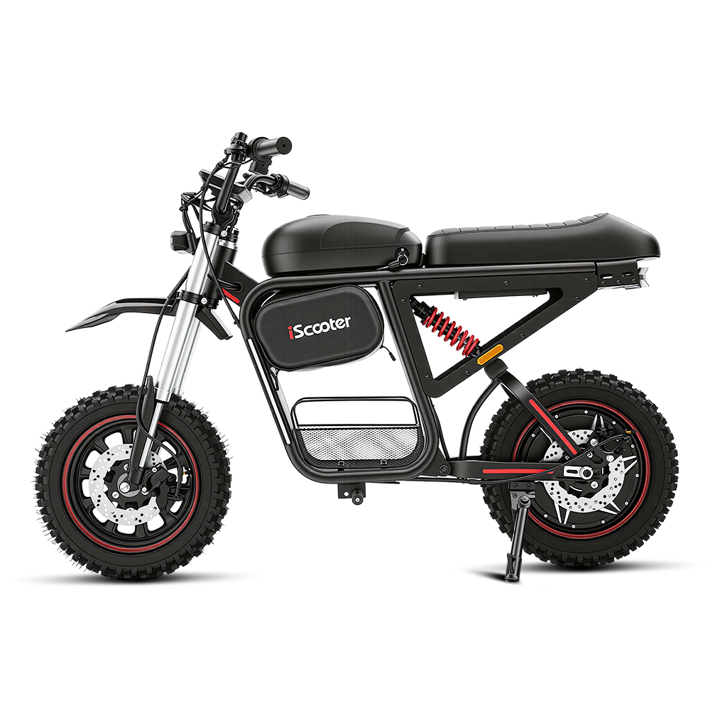 Side profile of the iScooter DX5 Max electric bike in black, featuring fat off-road tires, dual disc brakes, front suspension forks, rear shock absorber, long padded seat, and integrated storage compartment on a white background.