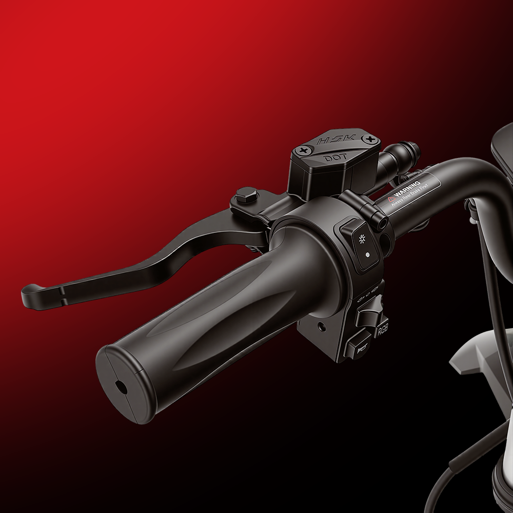 A close-up product image of an electric bike’s handlebar and hydraulic brake lever against a red-to-black gradient background. The image highlights the ergonomic grip, brake controls, and hydraulic braking system components, emphasizing responsive stopping power, precision control, and rider safety. The detailed view showcases the bike’s premium build quality and performance-oriented design.