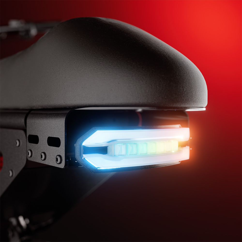 Close-up of an electric scooter rear LED taillight, providing enhanced visibility and safety for riding in low-light conditions.