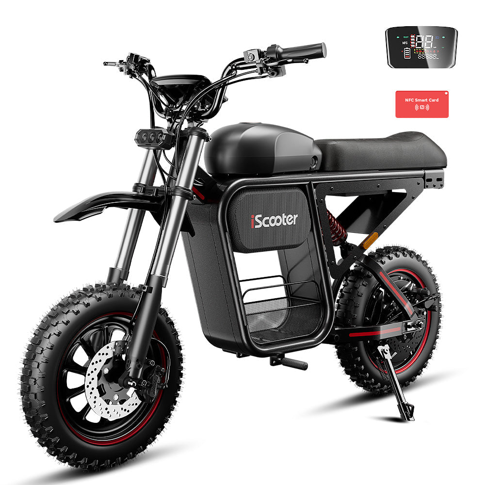 iScooter DX5Max electric bike in black with fat off-road tires, front suspension, and integrated storage compartment, displayed alongside a color LCD dashboard and NFC smart card keyless access system on a white background.