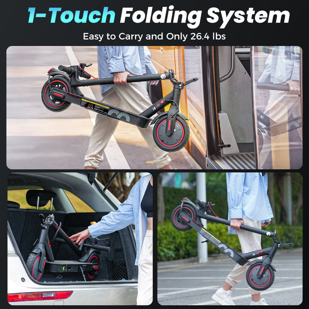 E-scooter with 1-Touch Folding System being carried and stored, highlighting ease of use and portability.