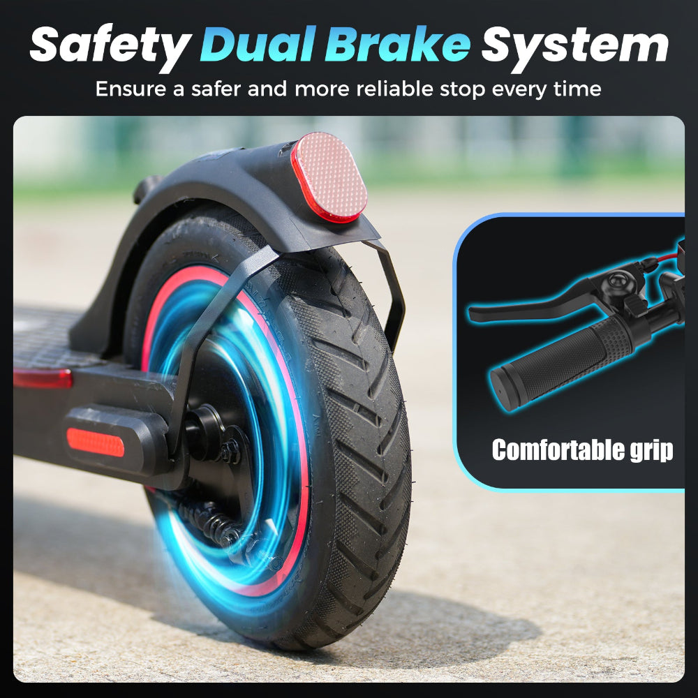Electric scooter wheel with safety dual brake system and comfortable grip feature.