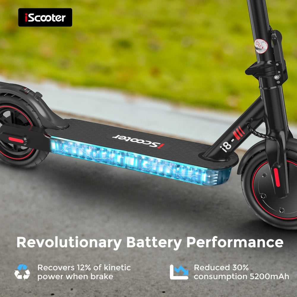 Black electric scooter with blue LED lights on a blurred outdoor background
