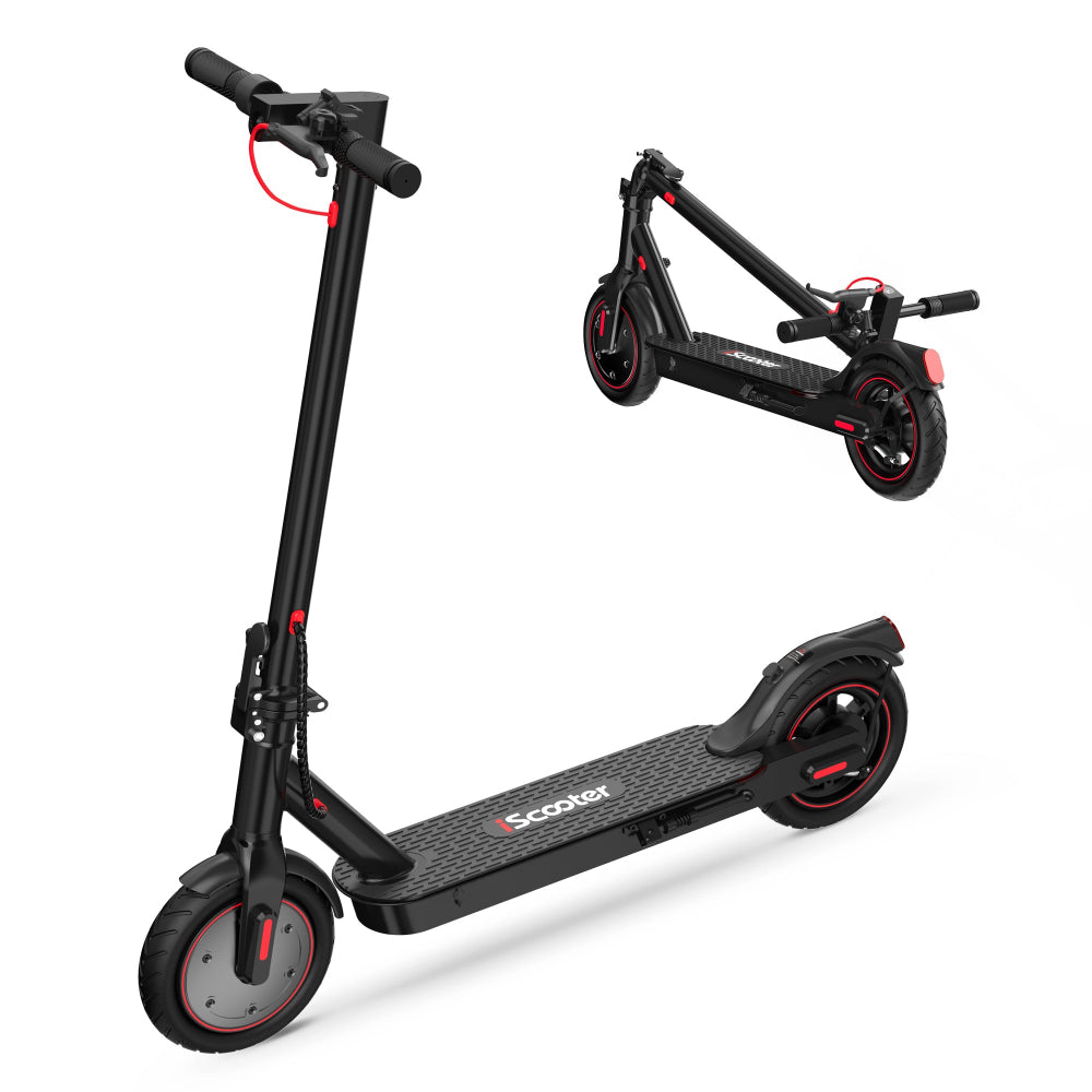 Black electric scooter with red accents on a white background