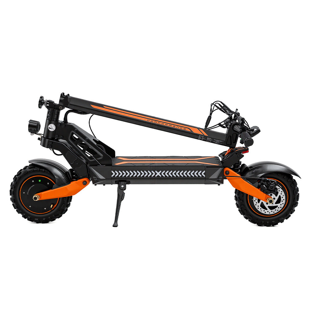 Side view of a foldable black electric scooter with orange accents, shown in its folded position with off-road tires, front suspension, disc brakes, and kickstand against a white background.