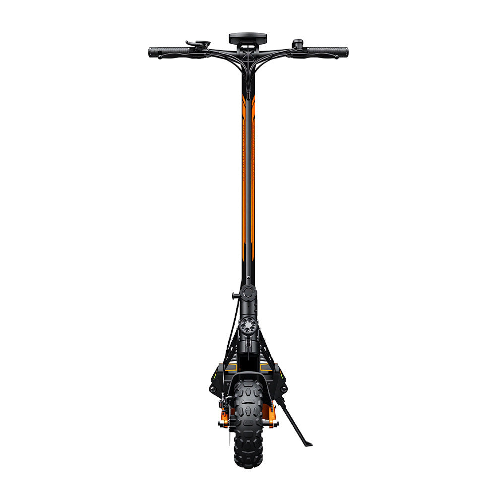 Front view of a black electric scooter with orange accents, featuring a wide knobby front tire, integrated headlight, handlebars, and kickstand, displayed against a white background.