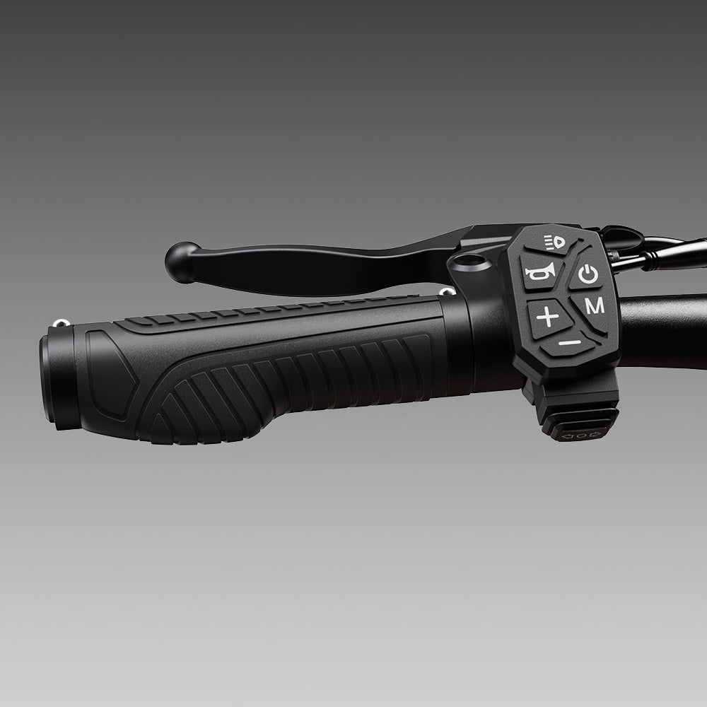 Close-up of the iScooter W12 electric scooter's left handlebar featuring a textured ergonomic grip, brake lever, and integrated multifunction control pad with buttons for lights, power, mode selection, and speed adjustment against a gray background.