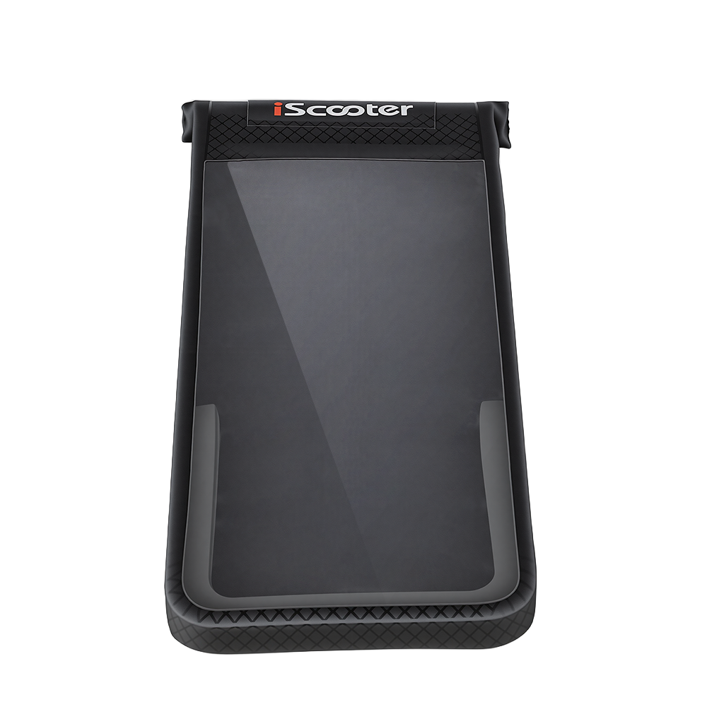 Front view of a black iScooter phone mount case featuring a clear touch-screen window, textured border stitching, and white iScooter branding logo printed at the top.