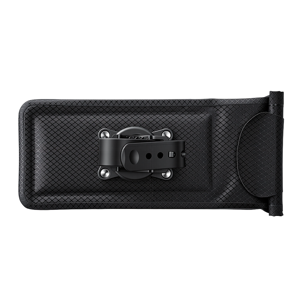 Rear view of a black textured phone mount pouch showing the durable mounting clip mechanism and quick-release strap on a plain white background.