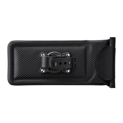 Rear view of a black textured phone mount pouch showing the durable mounting clip mechanism and quick-release strap on a plain white background.