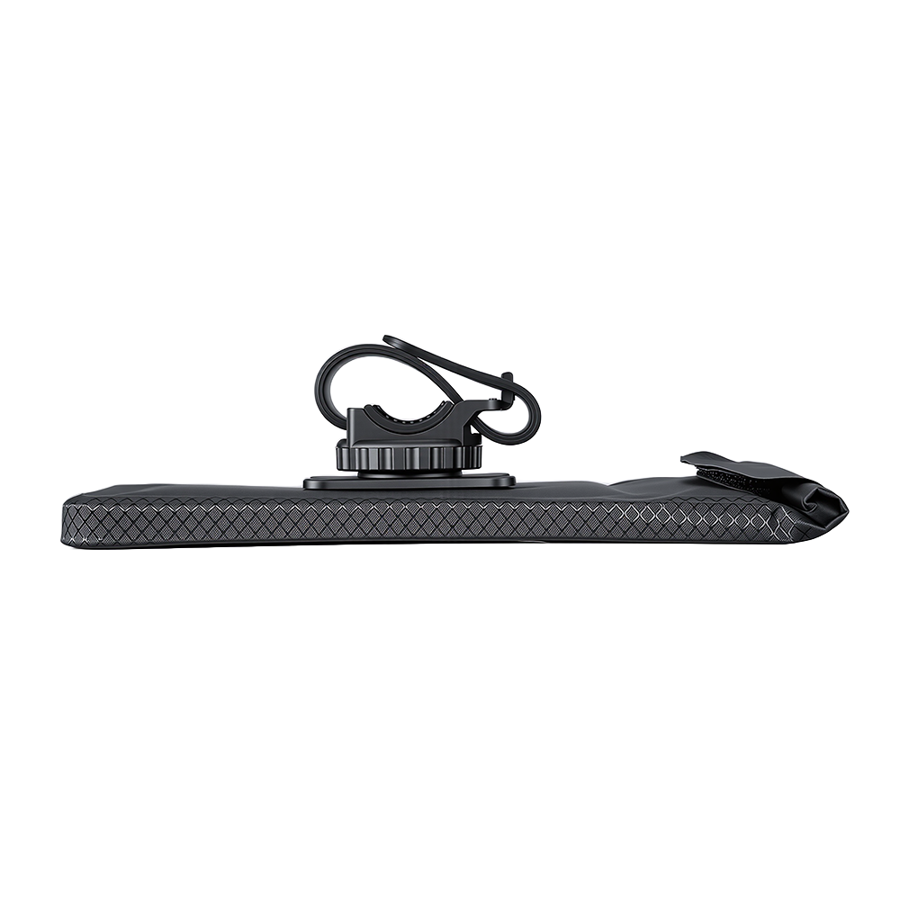 Side profile of a black scooter phone mount pouch with mounting clamp.