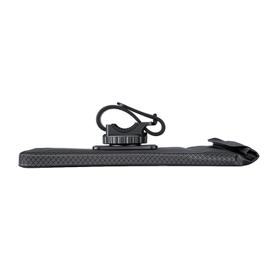 Side profile of a black scooter phone mount pouch with mounting clamp.