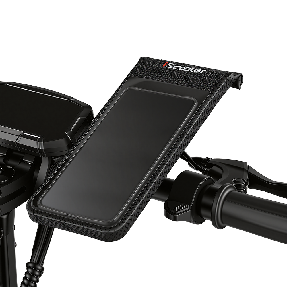 Black iScooter handlebar phone holder pouch mounted on an electric scooter.