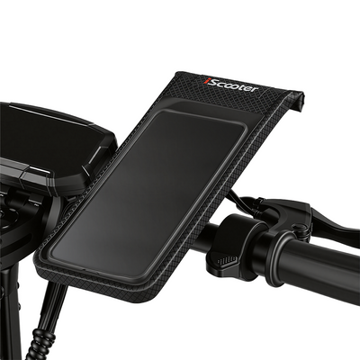 Black iScooter handlebar phone holder pouch mounted on an electric scooter.