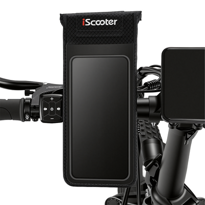 Frontal view of a black iScooter phone mount pouch with a touch-screen clear cover mounted on electric scooter handlebars, displayed alongside control buttons and a phone display screen.
