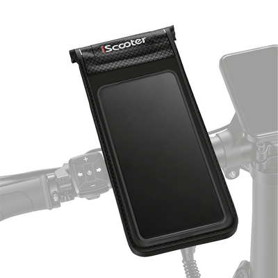 Waterproof black iScooter phone mount pouch with a clear touch-screen window, attached to electric scooter handlebars.