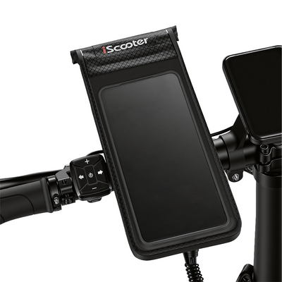 Close-up view of a black iScooter phone mount pouch with a clear touch-screen window mounted on electric scooter handlebars next to directional and power control buttons.
