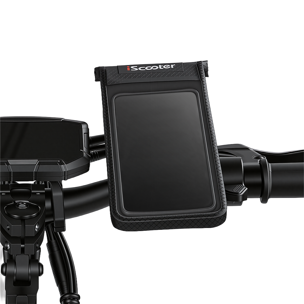 Front-angle view of a black iScooter phone mount pouch with a touch-screen clear window, mounted on electric scooter handlebars next to a digital display dashboard.
