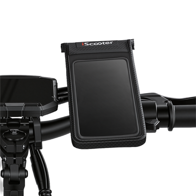Front-angle view of a black iScooter phone mount pouch with a touch-screen clear window, mounted on electric scooter handlebars next to a digital display dashboard.