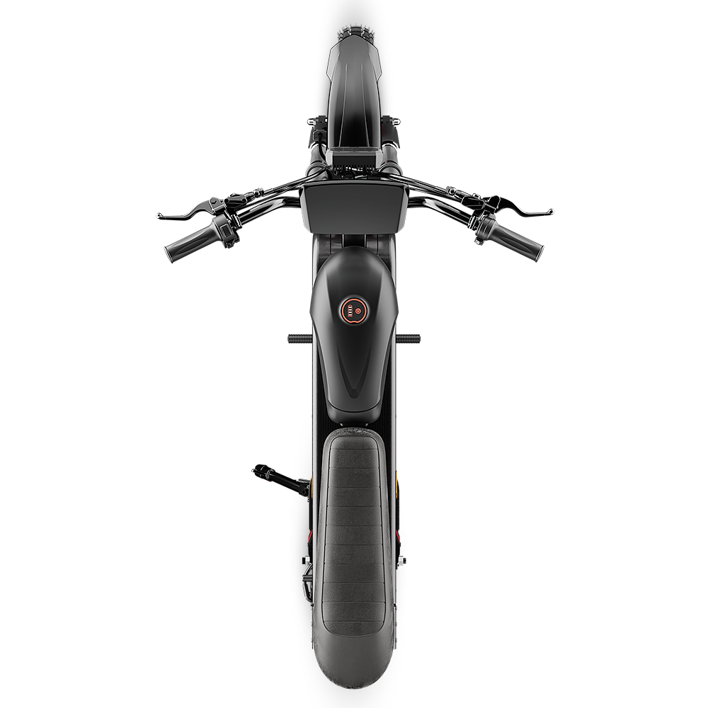 Top-down view of the iScooter DX5 Max electric bike, highlighting its wide saddle seat, handlebar layout, central frame design, and compact fat-tire construction on a white background.