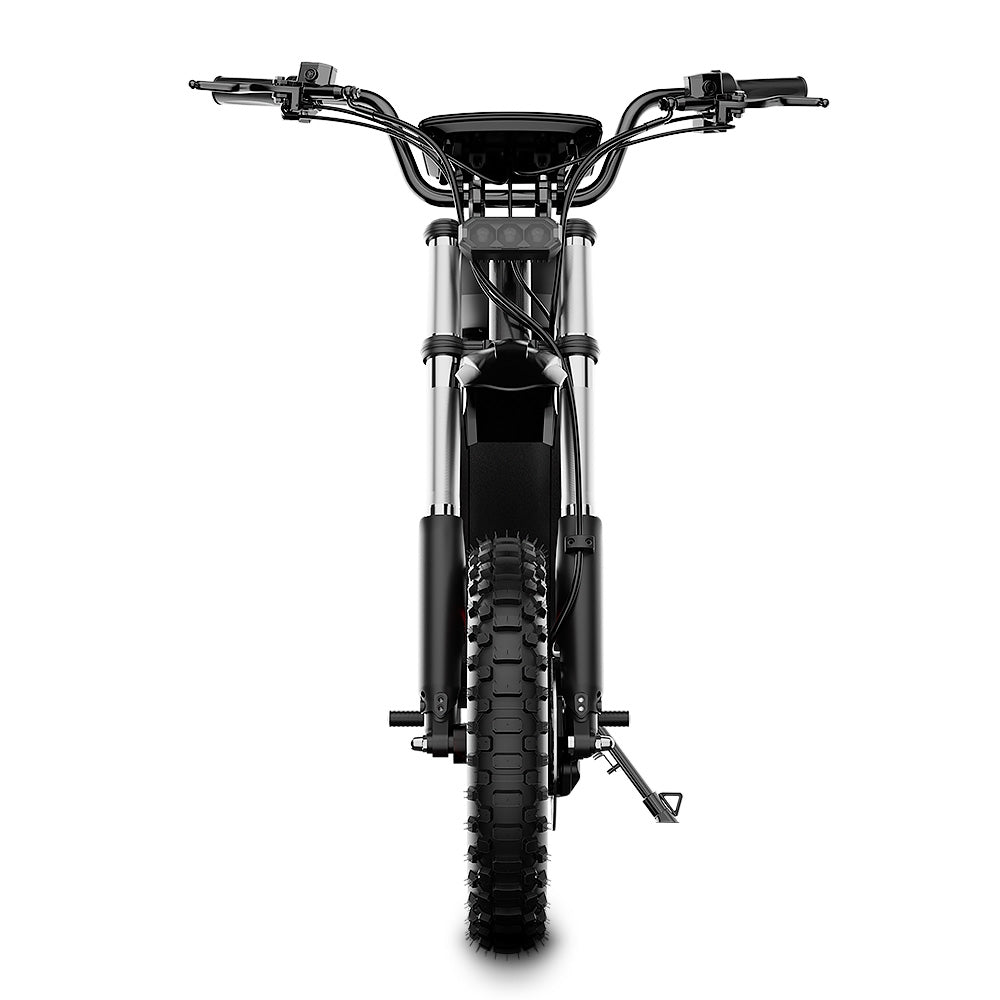 Front view of the iScooter DX5 Max electric bike featuring a wide handlebar, dual front suspension forks, rugged fat front tire, integrated LED headlight array, and black frame, displayed on a clean white background.