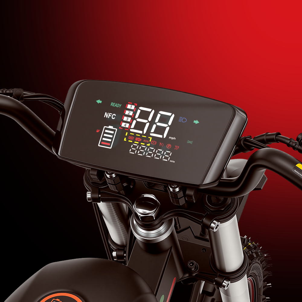 Close-up of an electric scooter LED display showing speed, battery level, NFC access, and riding status information for easy monitoring.
