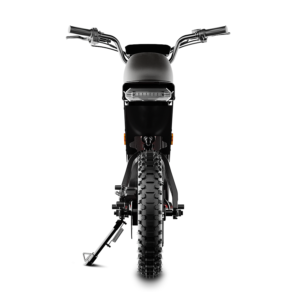 A front-facing studio product image of a black electric bike on a white background. The bike features a wide fat tire, integrated LED headlight, raised handlebars, front suspension fork, and a side kickstand. The symmetrical front view highlights the bike’s rugged tire tread, sturdy frame design, and urban-meets-off-road styling.