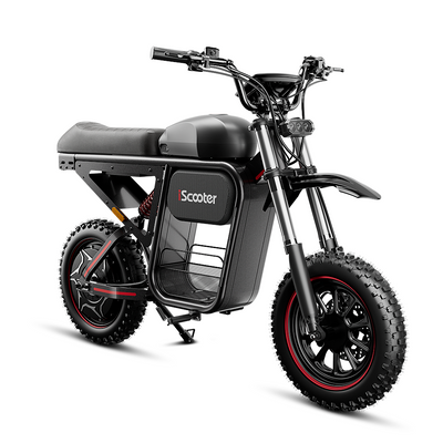 Three-quarter front view of the iScooter DX5 Max electric bike in black, showcasing its rugged fat tires, front suspension, rear shock absorber, integrated storage compartment, long saddle seat, and compact off-road design on a white background.