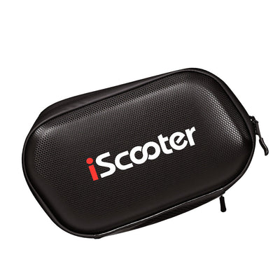 Black iScooter hard-shell storage bag with a textured water-resistant exterior and zippered closure, displayed on a white background. The compact carrying case features the iScooter logo and is designed for storing accessories and personal items while riding.