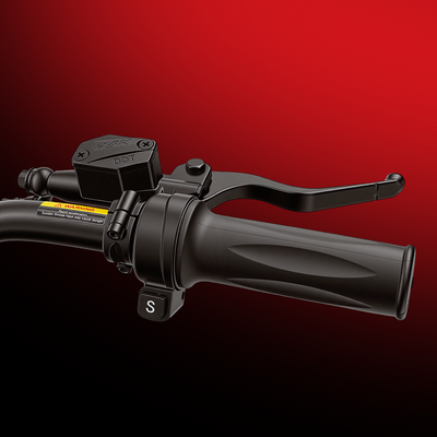 Close-up of an electric scooter handlebar grip with throttle control and brake lever, designed for comfortable and responsive riding.