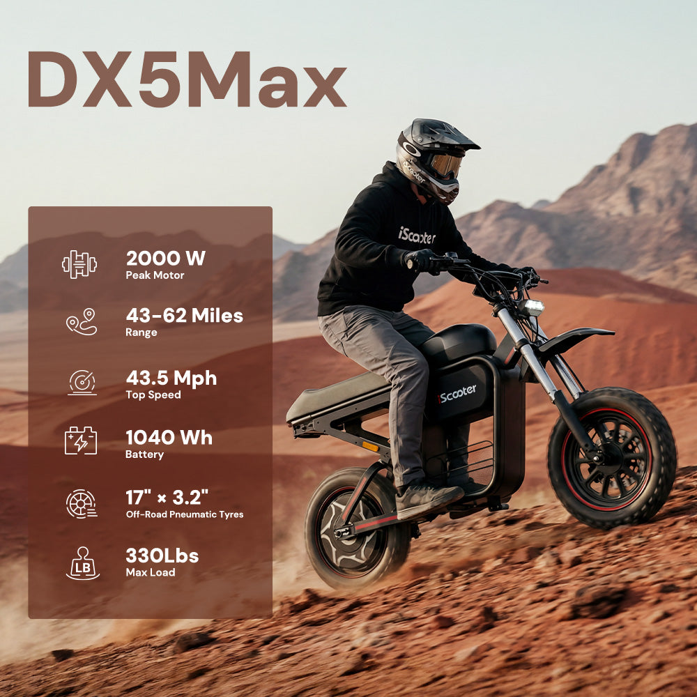 DX5 Max electric bike riding across rugged desert terrain, highlighting key specifications including a 2000W peak motor, 43–62 mile range, 43.5 mph top speed, 1040Wh battery, 17 x 3.2-inch off-road tires, and 330 lb maximum load capacity.