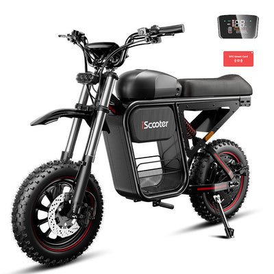 iScooter DX5Max electric bike in black with fat off-road tires, front suspension, and integrated storage compartment, displayed alongside a color LCD dashboard and NFC smart card keyless access system on a white background.