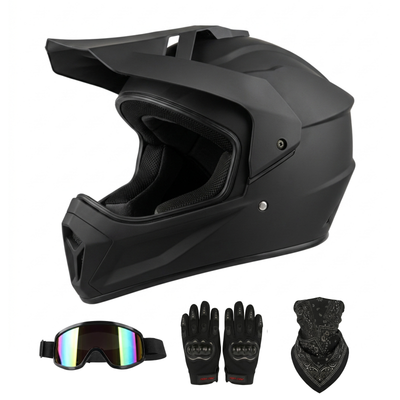 Matte black full-face motorcycle or dirt bike helmet shown with matching accessories including colorful tinted goggles, black riding gloves, and a paisley print neck gaiter.