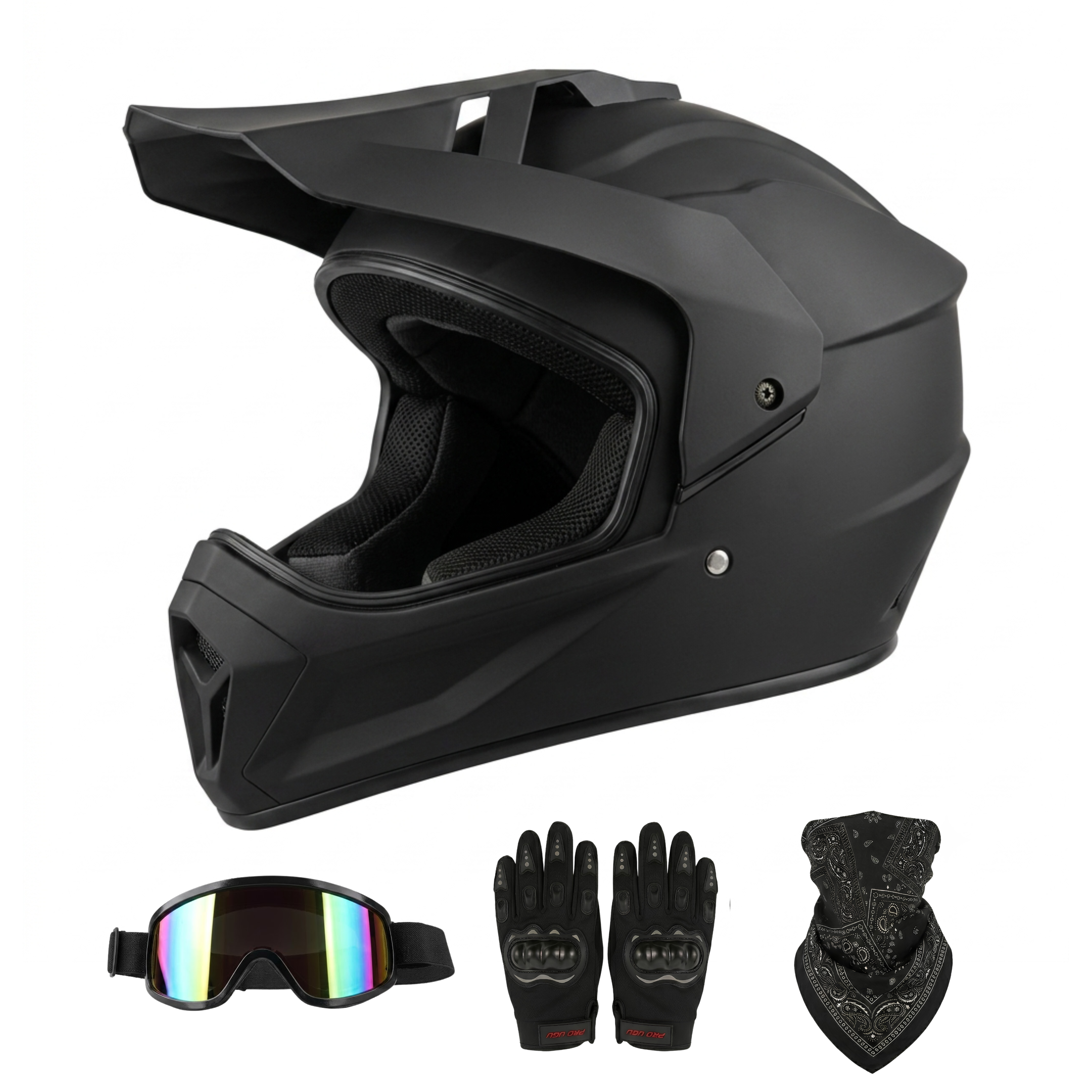 Matte black full-face motorcycle or dirt bike helmet shown with matching accessories including colorful tinted goggles, black riding gloves, and a paisley print neck gaiter.