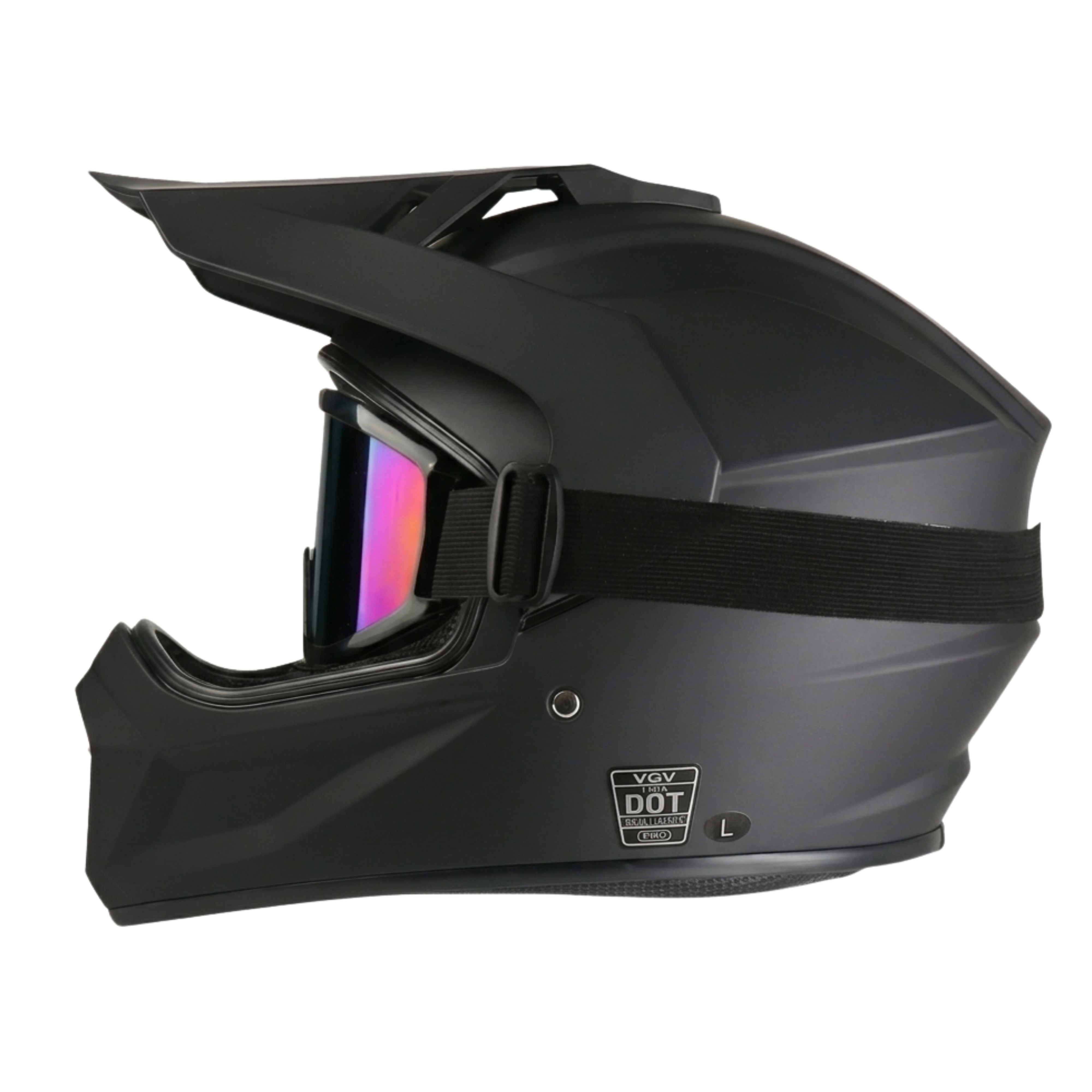 Side profile of a matte black full-face dirt bike or motocross helmet with tinted, iridescent goggles attached over the eye port and a DOT safety certification badge visible near the lower base.