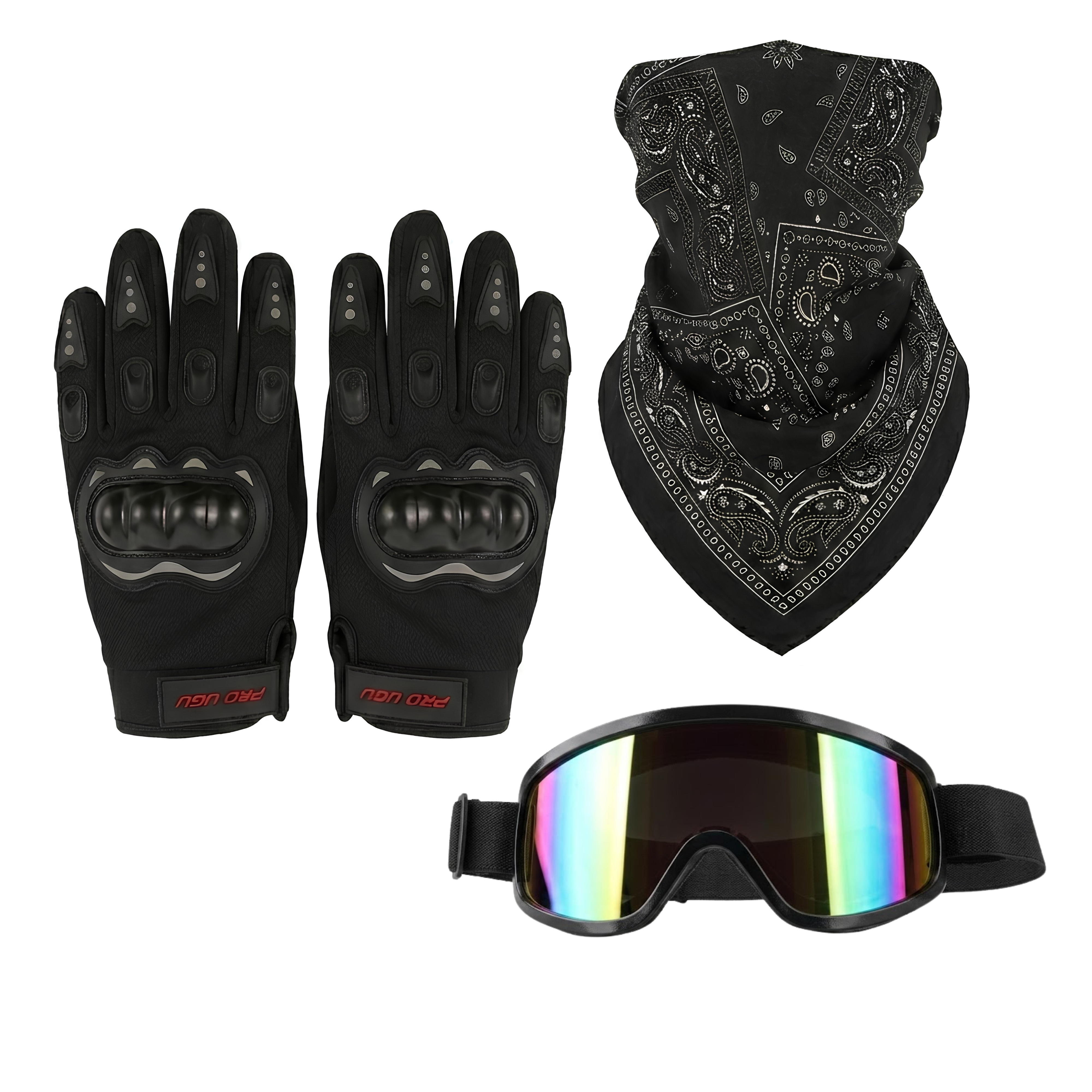 Riding accessory set featuring a pair of black full-finger motorcycle gloves with hard knuckle guards, a black paisley print neck gaiter bandana, and black off-road goggles with iridescent tinted lenses.