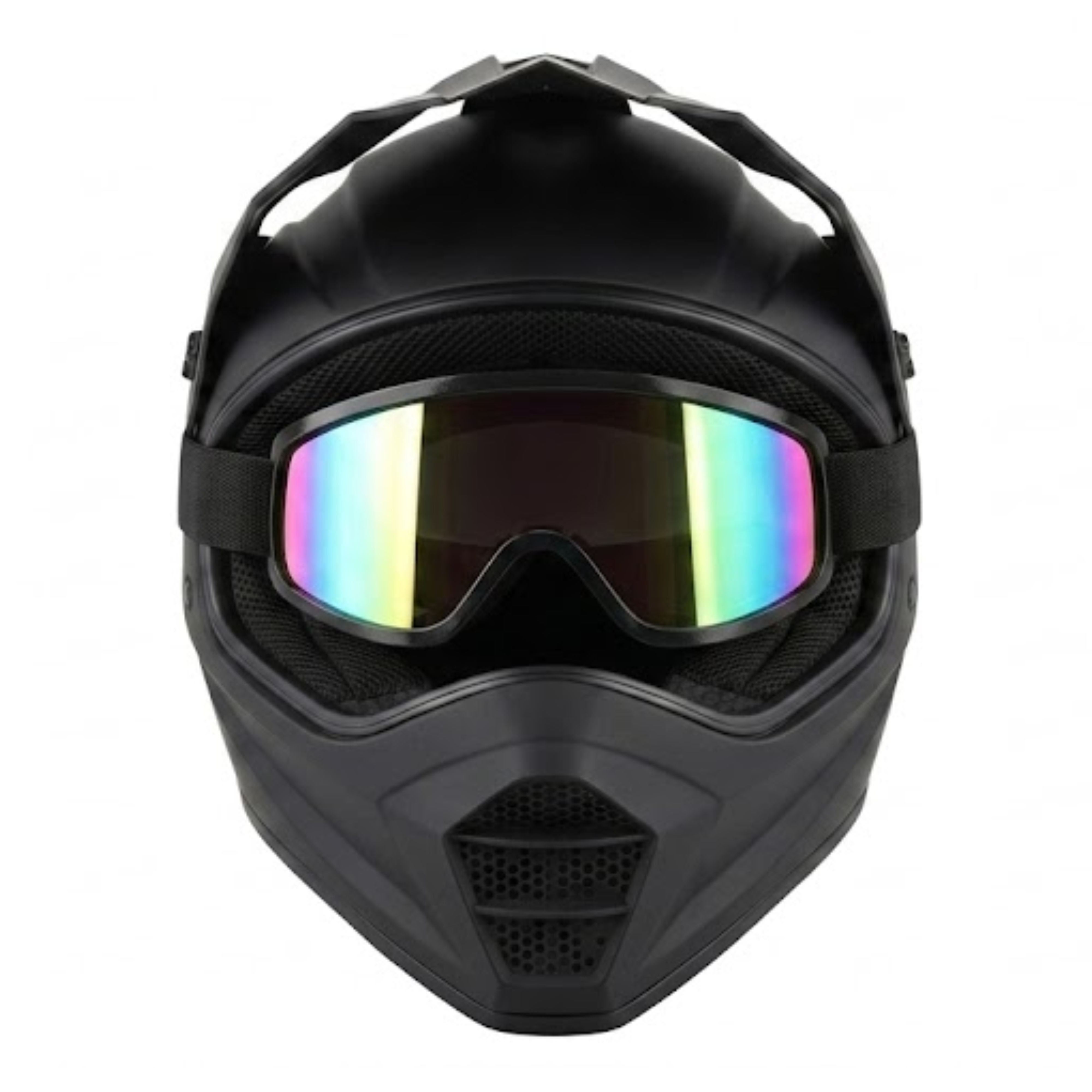 Frontal view of a matte black full-face dirt bike helmet fitted with tinted, rainbow-iridescent goggles over the eye port, showing the top visor peak and mesh chin guard vent.