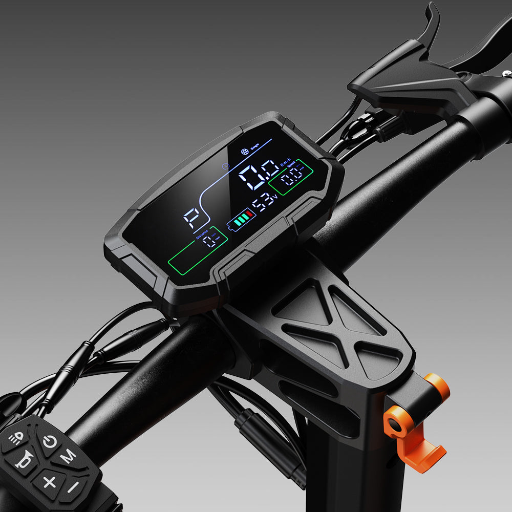 Close-up of the iScooter W12 handlebar featuring a full-color LCD display, integrated control buttons, phone mount, and folding latch, showcasing the scooter's riding interface and controls.