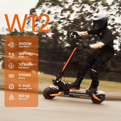 Promotional image of the iScooter W12 electric scooter being ridden on a mountain road, highlighting key specifications including a 3000W peak motor, 44 mph top speed, 62-mile maximum range, 1170Wh battery, 11-inch off-road tyres, and a 330 lb maximum load capacity.