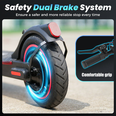 Electric scooter wheel with safety dual brake system and comfortable grip feature.