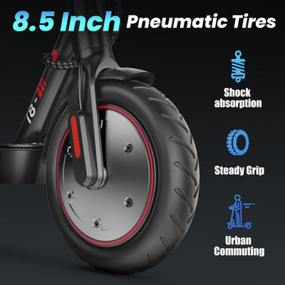 E-scooter wheel with 8.5 inch pneumatic tires on a dark background