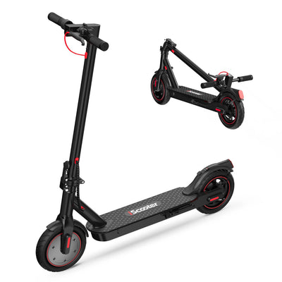 Black electric scooter with red accents on a white background