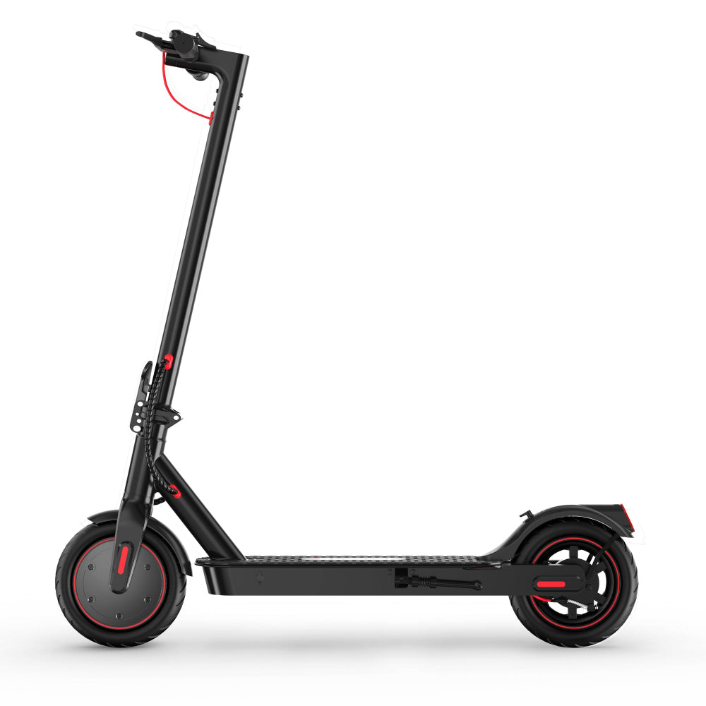Black electric scooter with red accents on a white background