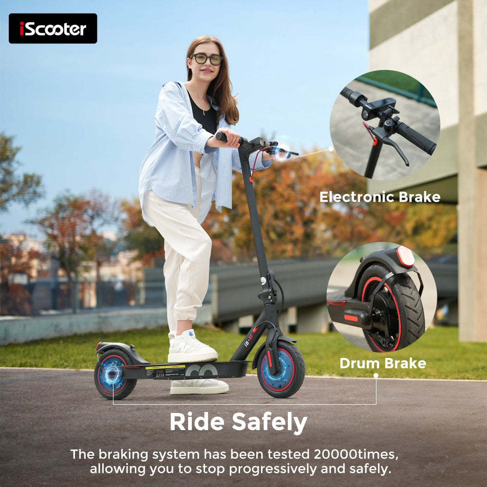 Person riding an electric scooter with brake system details on a road.