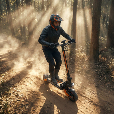 Off-road electric scooter riding through a forest trail, featuring all-terrain tyres, front suspension, and a powerful headlight, showcasing outdoor adventure capability, stability, and rugged performance.