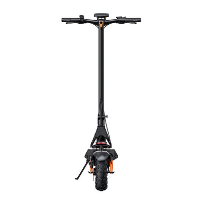 Rear view of a black electric scooter with orange accents, featuring a wide knobby rear tire, rear fender, handlebars, kickstand, and compact frame, displayed against a white background.