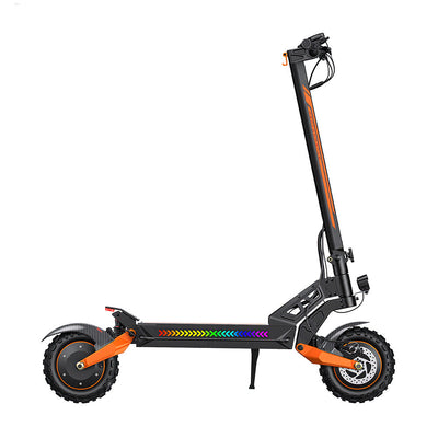 Side profile of a black and orange electric scooter with rugged off-road tires, front suspension, and a rainbow LED light strip integrated into the deck. Displayed on a white background, the image highlights the scooter’s sturdy frame, folding stem, and performance-focused design.