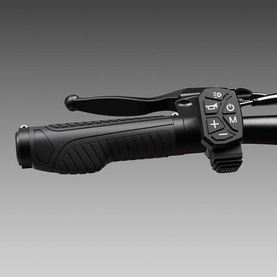Close-up of the iScooter W12 electric scooter's left handlebar featuring a textured ergonomic grip, brake lever, and integrated multifunction control pad with buttons for lights, power, mode selection, and speed adjustment against a gray background.