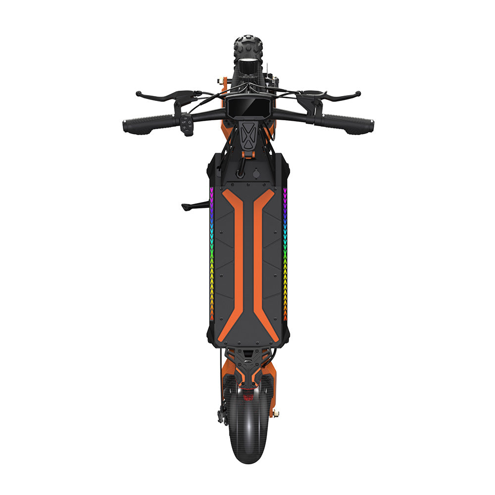 Top-down view of a black electric scooter with orange deck accents, wide handlebars, front and rear tires, and colorful side LED lights, displayed on a white background.